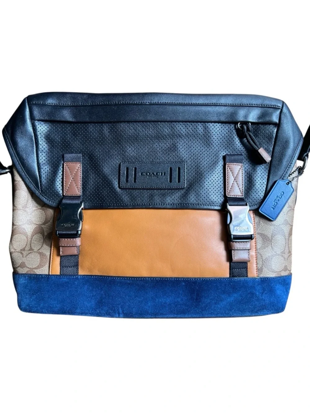 COACH Track Messenger bag in Tan Blue Colorblock Signature Canvas
